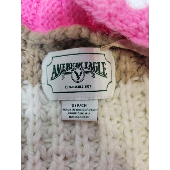 American Eagle Womens SZ S Striped Cardigan Sweater Pink chunky Oversized Knit - Picture 2 of 3
